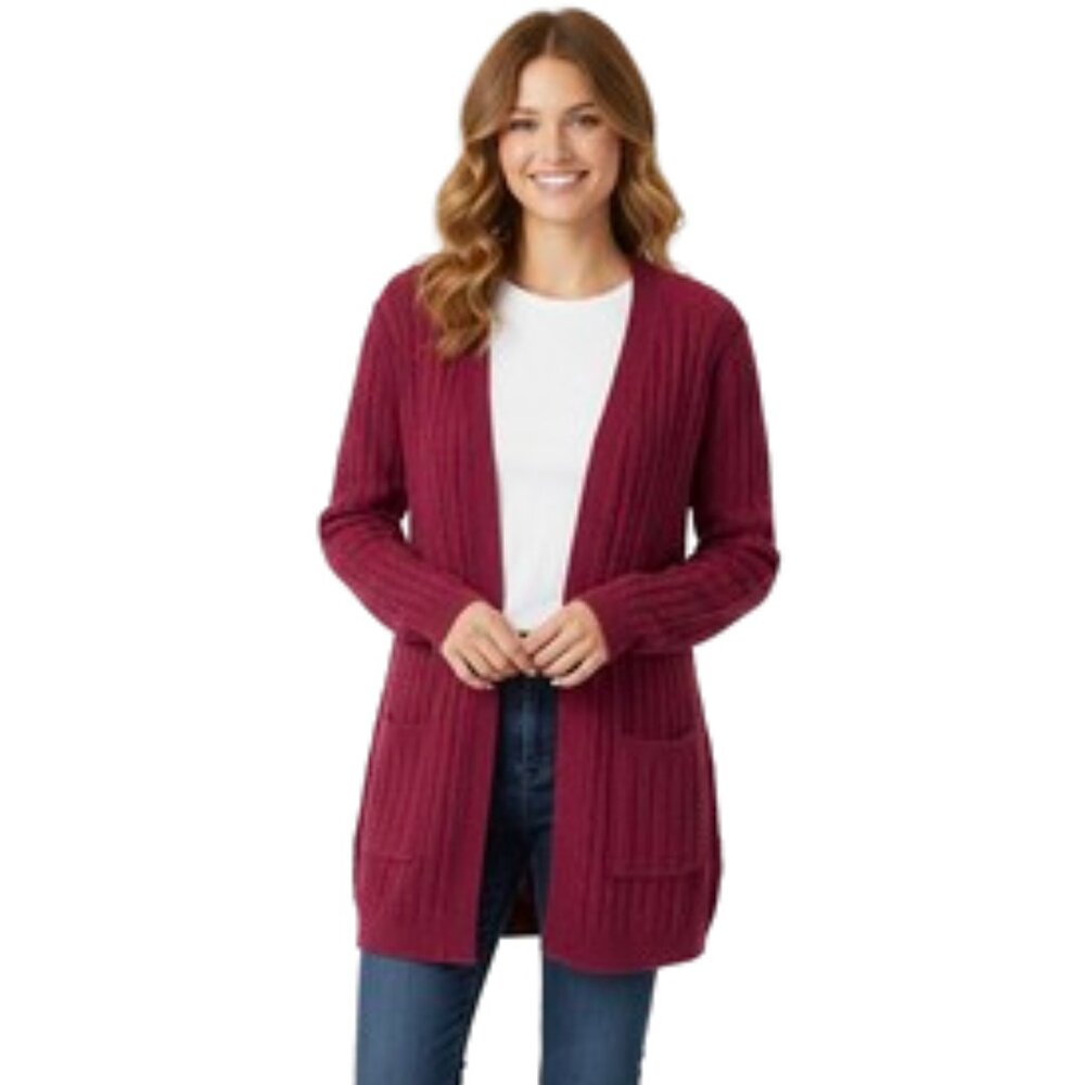 Kim Rogers Cardigan NEW! LS Cable Knit Open Front Wine Red Cotton Blend, Large
